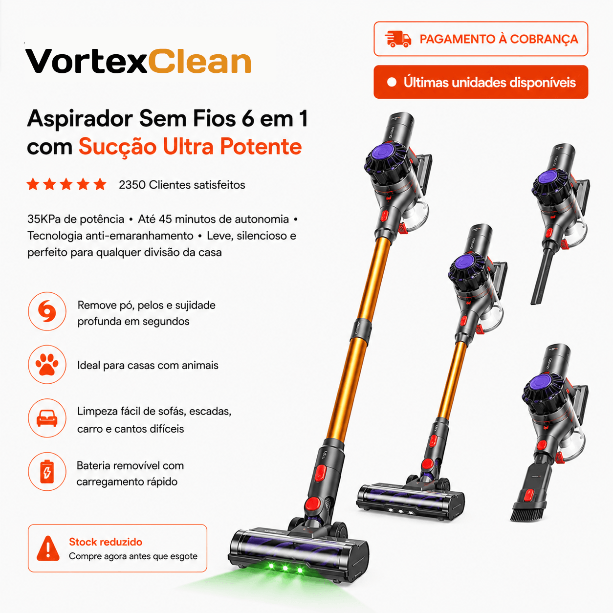 VortexClean™ Aspirador Sem Fios 6 em 1 com Sucção Ultra Potente