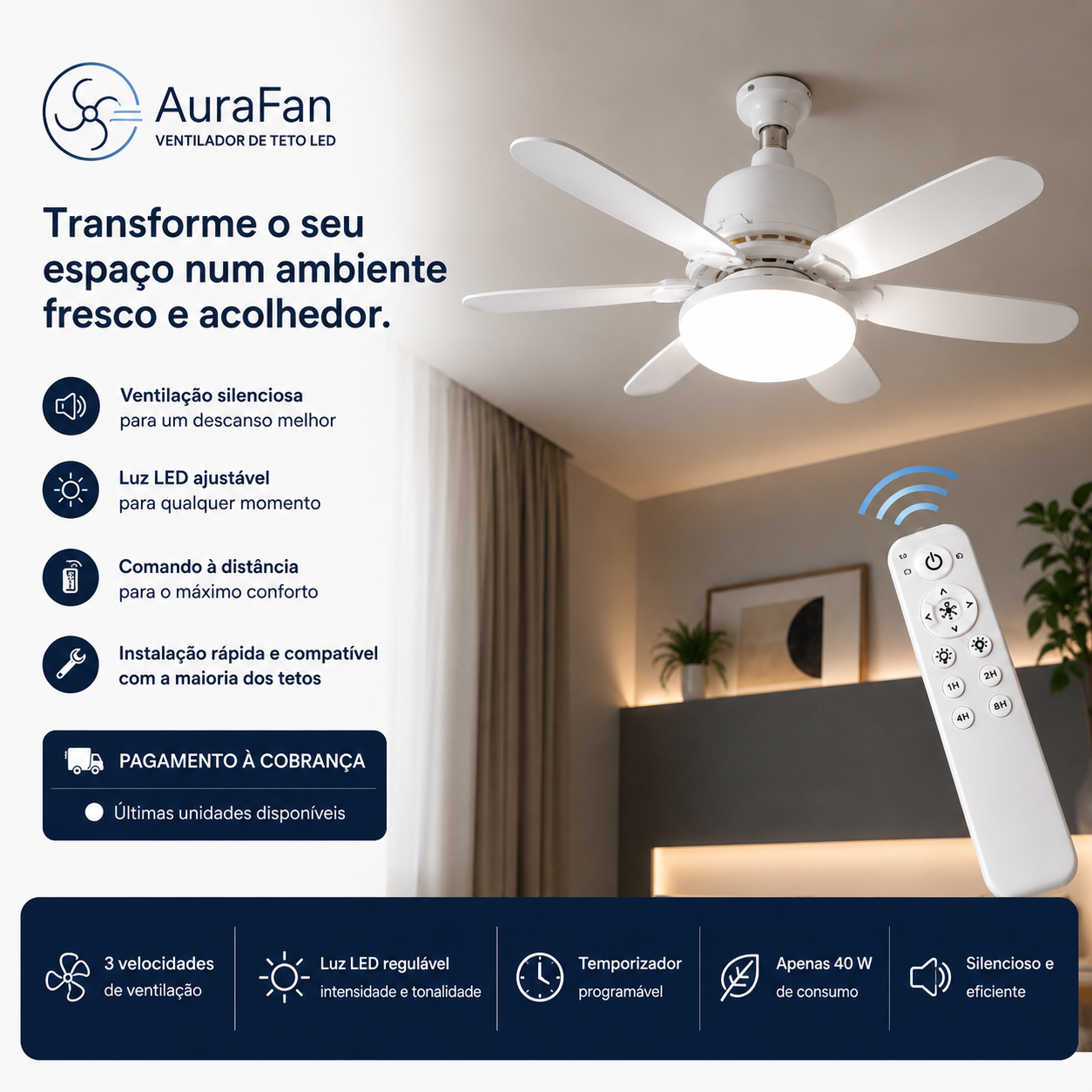 AuraFan™ Ventilador de Teto LED com Controle Remoto